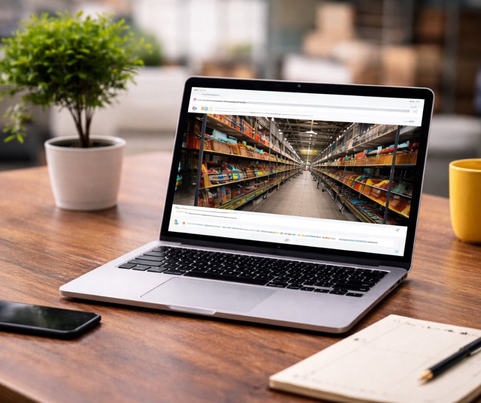 Laptop displaying warehouse inventory on a wooden desk with plant and mug nearby.