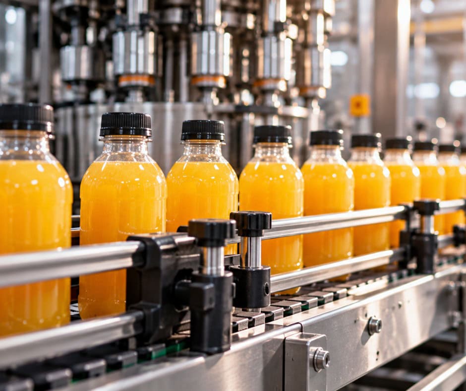 Bottled orange juice on a production line at Tess Electrical Mechanical.