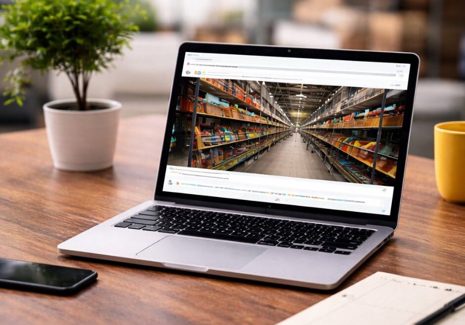 Laptop displaying warehouse inventory on a wooden desk with plant and mug nearby.