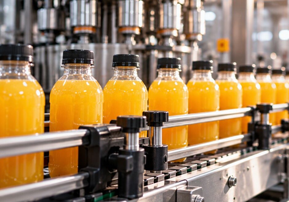 Bottled orange juice on a production line at Tess Electrical Mechanical.